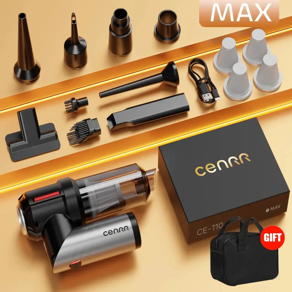 CENRR cordless car vacuum cleaner kit with multiple attachments and gift bag