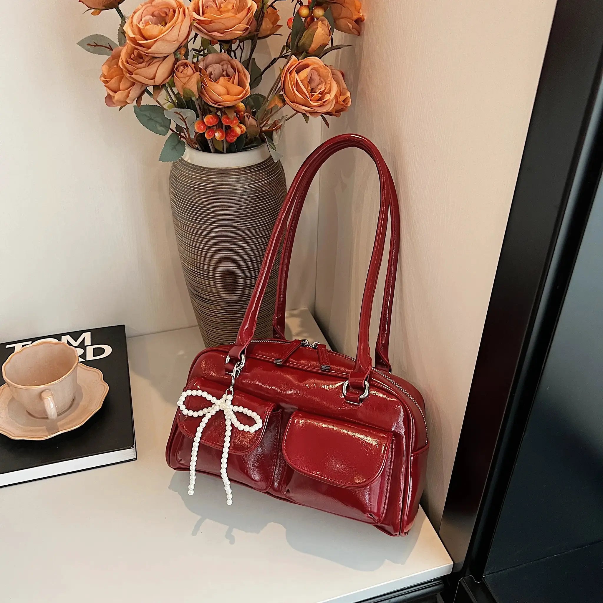 Korean Edition Underarm Bow Pillow Bag For Women PU Leather Shoulder Bag With Comfortable Pillow Shaped Design