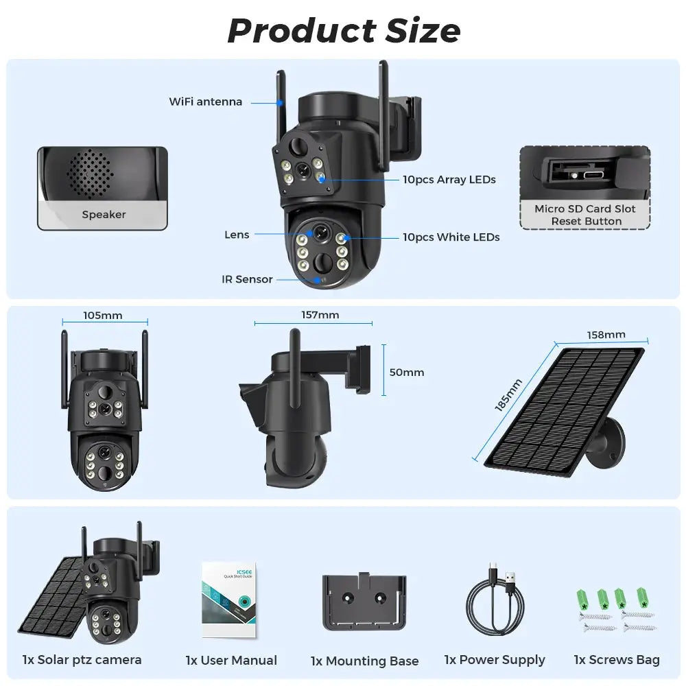 Simples Market black 8MP 4K Solar WiFi outdoor security camera with built-in battery and dual lens