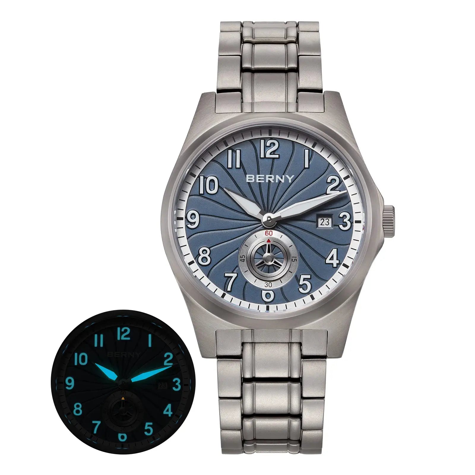 BERNY full titanium automatic men’s watch with blue dial on silver bracelet; black luminous model shown (2 watches).