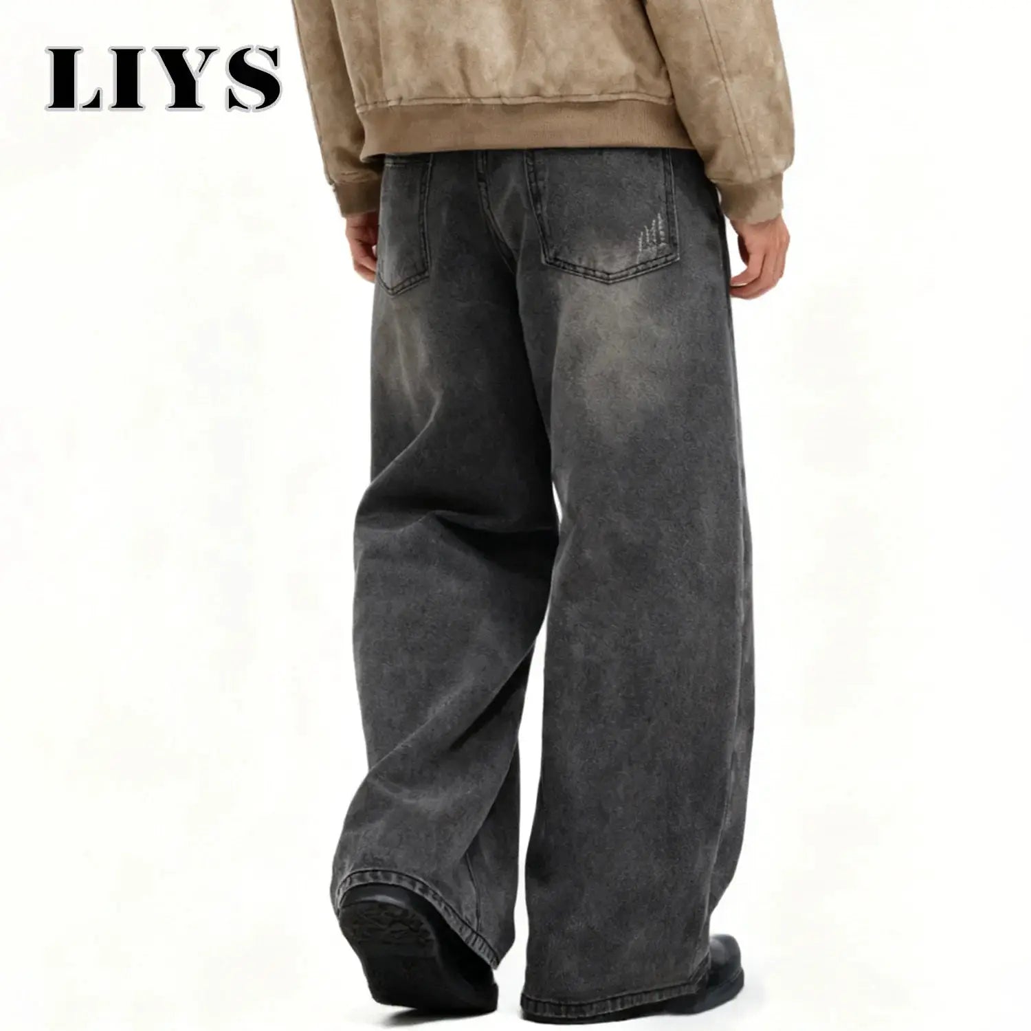 Men's gray baggy denim jeans, wide-leg straight fit; LIYS logo visible
