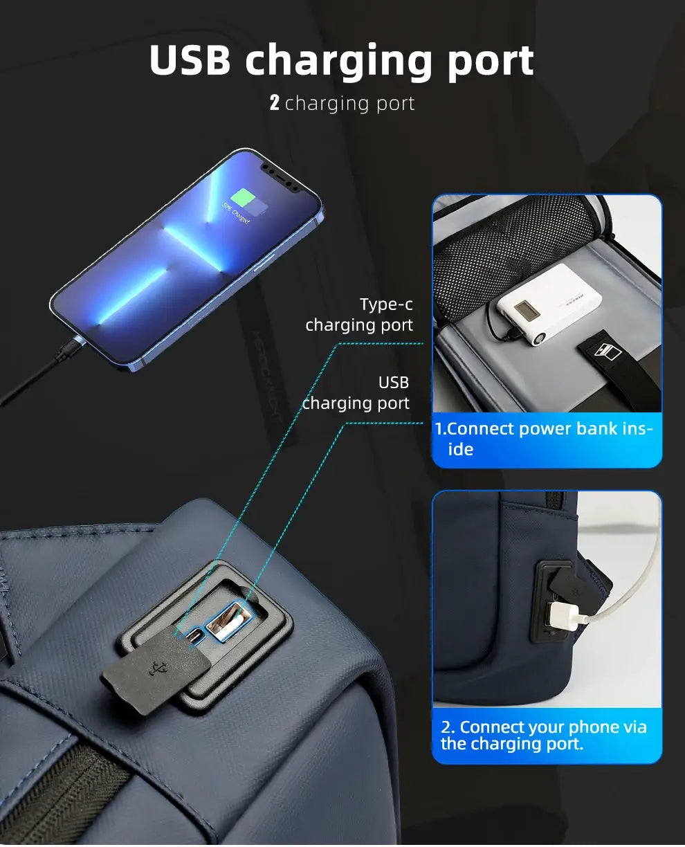 HK Slim Backpack for Men in blue waterproof fabric, 15.6-inch laptop backpack with USB charging port