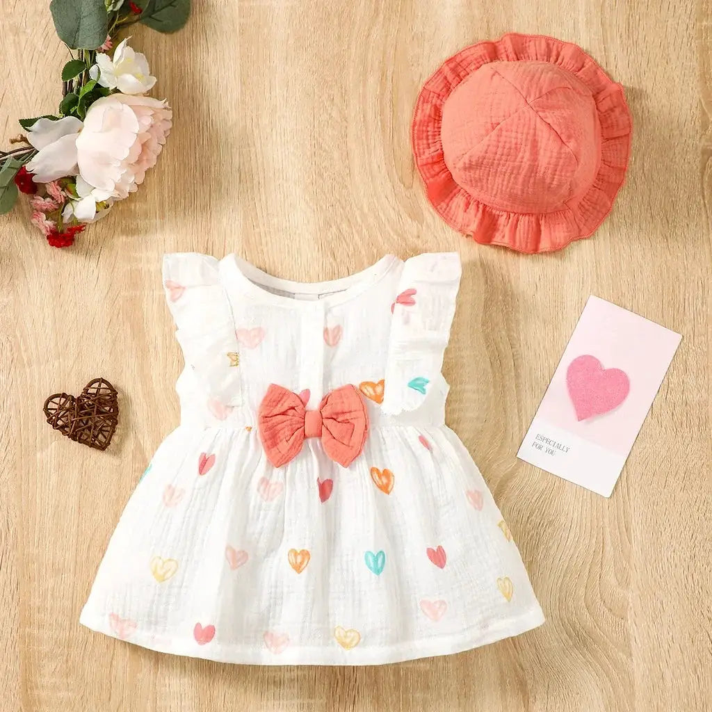 Two Piece Dress Set For Newborn Baby Girl With Love Print Sleeveless Dress And Hat Summer Fashion 0 To 9 Months