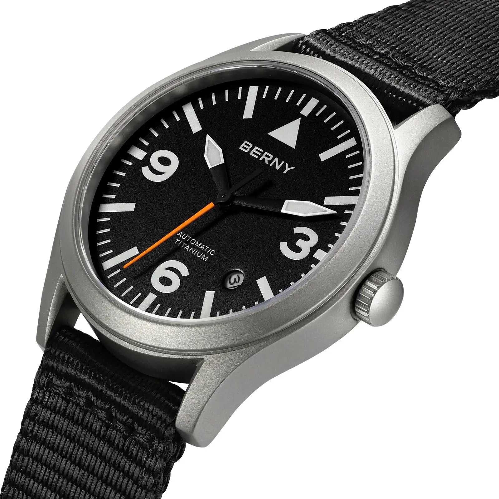 BERNY titanium automatic men's watch with black dial, white numerals, orange second hand, black fabric strap