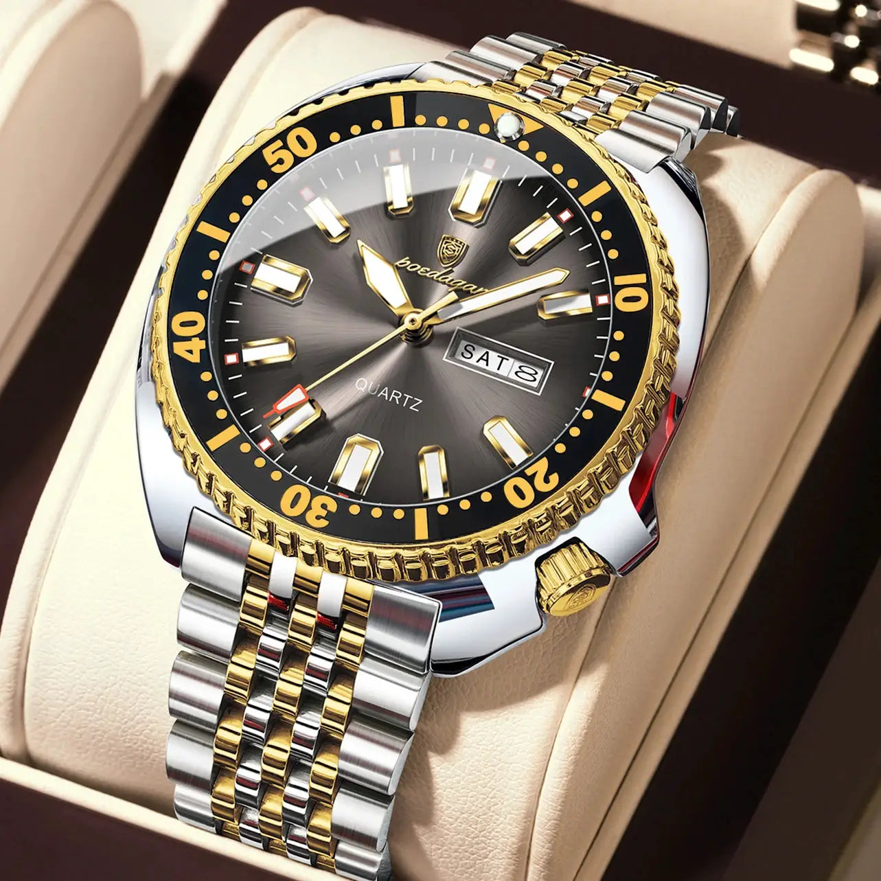 POEDAGAR men's two-tone stainless steel watch with gold bezel, luminous markers, and date window