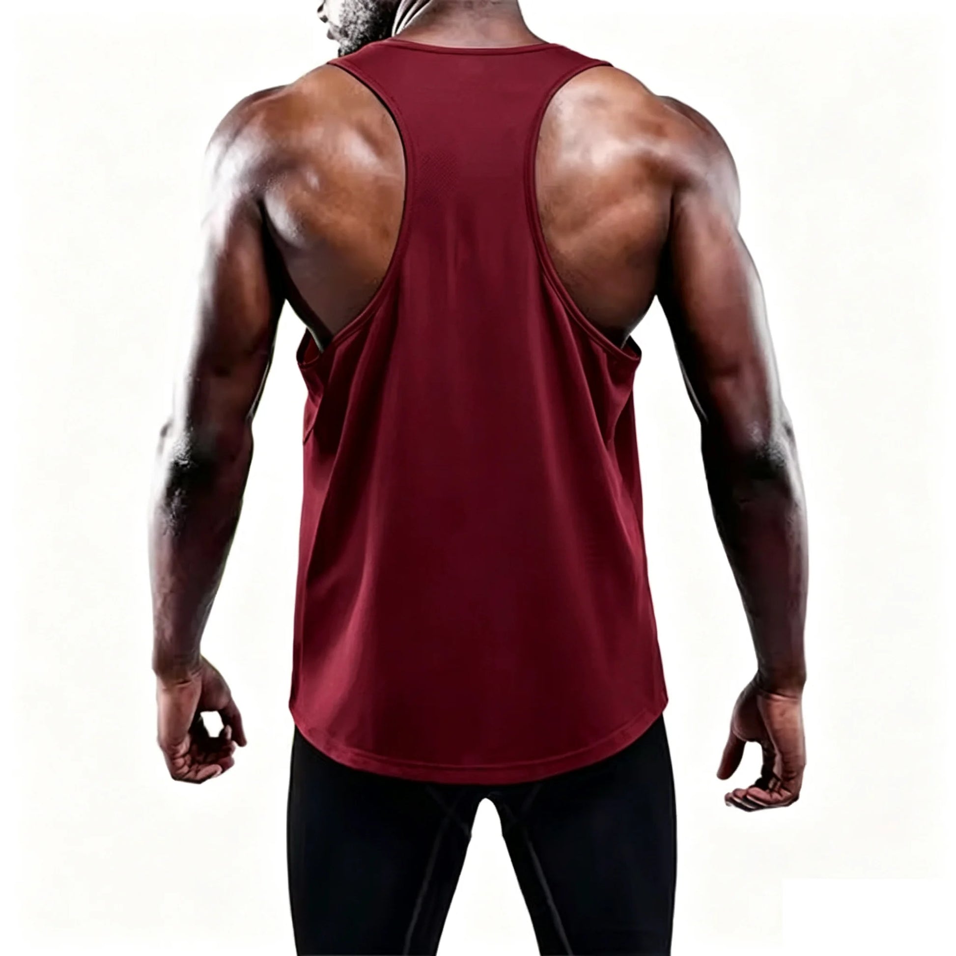 Men's running tank top, maroon sleeveless gym vest with quick-dry fabric and racerback.