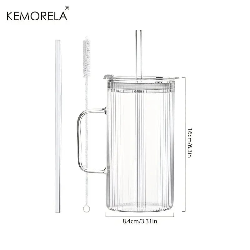 Kemorela 740ml Large Ribbed Glass Tumbler With Handle And Lid Reusable Straw For Iced Coffee