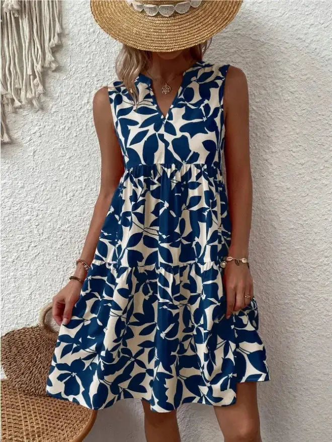 Women Boho Print Mini Dress Sleeveless V Neck Ruffle Beach Sundress