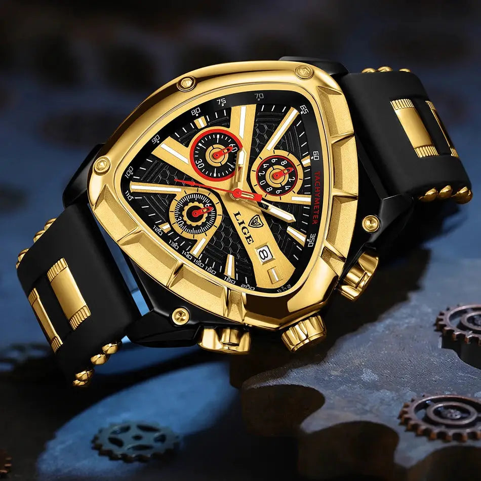 LIGE luxury men's watch with gold-tone case, black strap, large dial and chronograph subdials