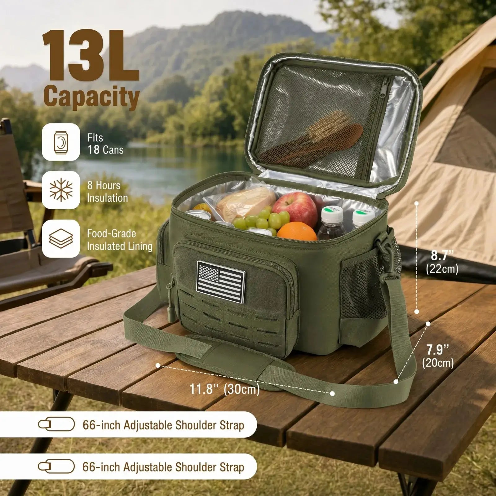 Simples Market 13L tactical thermal cooler lunch bag in olive green with insulated lining and adjustable shoulder strap