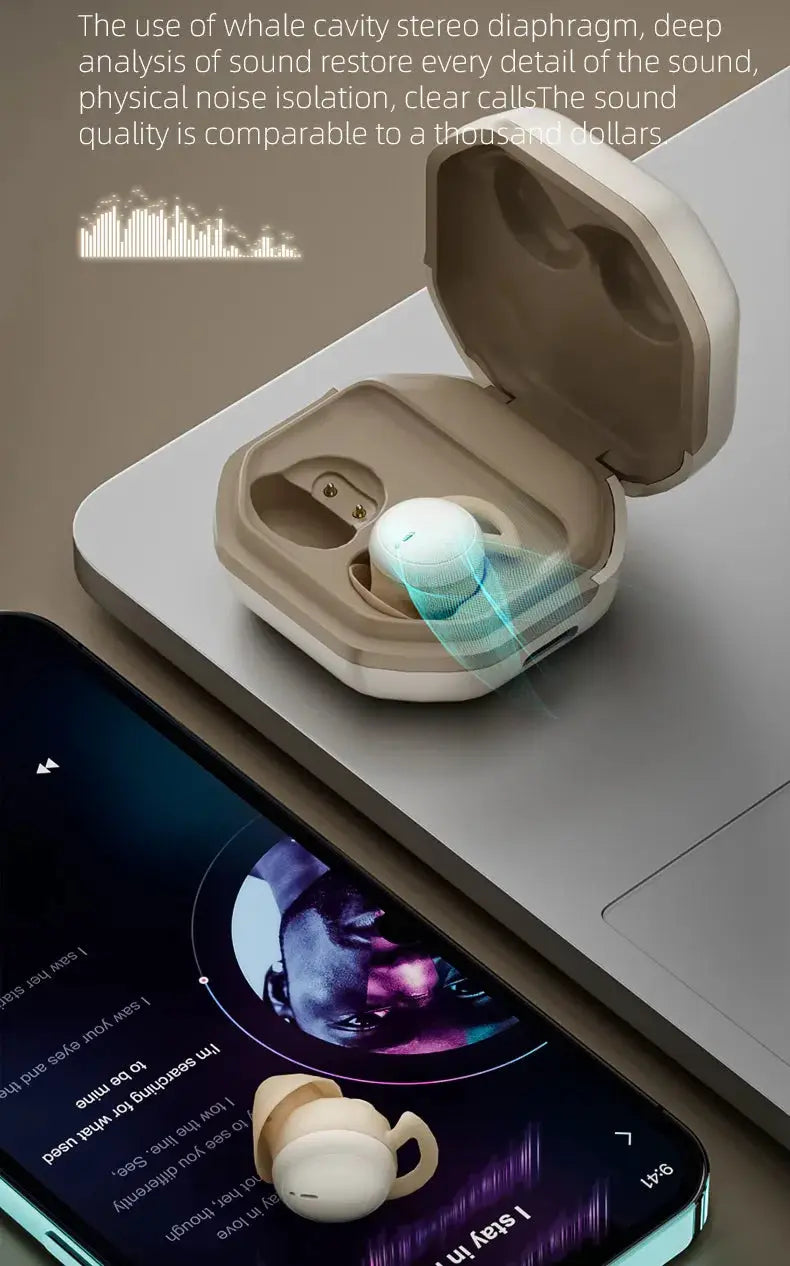 Simples Market Bluetooth wireless sleep earbuds in beige charging case with compact in-ear design.