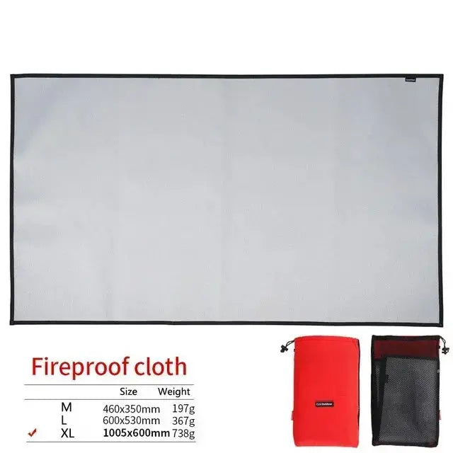 Fireproof cloth insulation mat by Simples Market; gray fiberglass blanket with black edge, includes red storage pouch.
