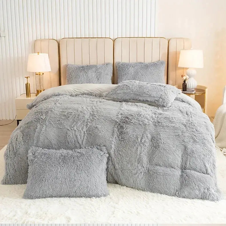 3-Piece plush gray duvet cover set with matching shams for cozy bedroom decor