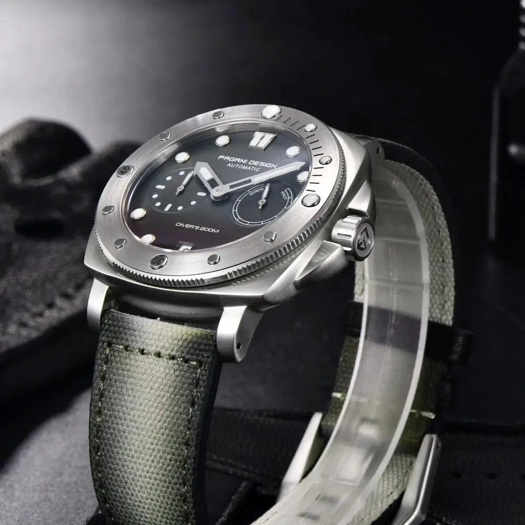 PAGANI DESIGN men's automatic diver watch with steel bezel, black dial and olive-green strap
