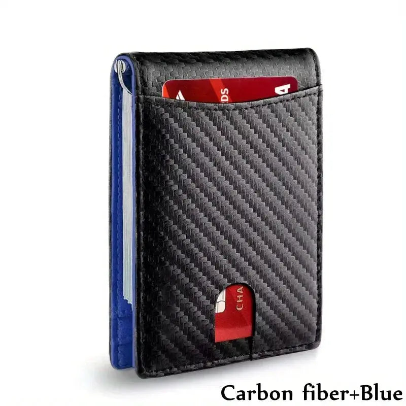 Slim wallet by Simples Market with carbon fiber look, RFID blocking, blue interior