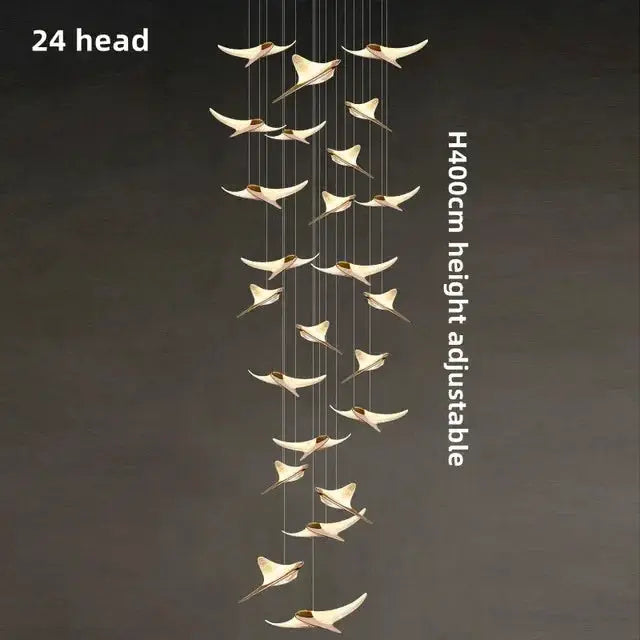 Seagull Staircase Pendant Lamp, 24-head gold-tone bird pendants, adjustable height, Simples Market