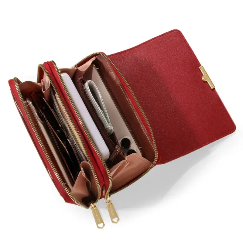 Simples Market red glitter wallet handbag with large capacity, multiple card slots and zip compartments