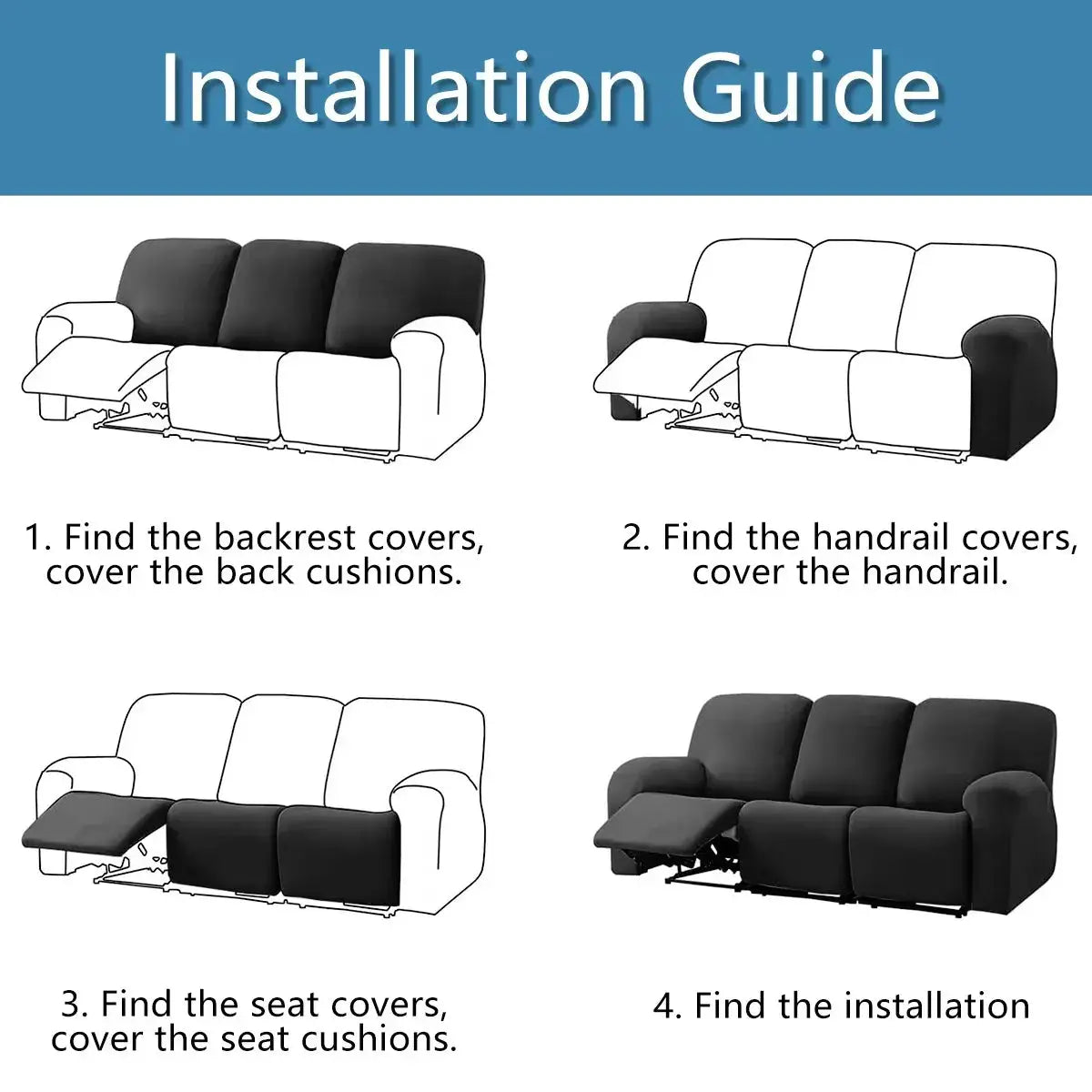 Elastic recliner sofa cover, black, Simples Market – installation guide with step-by-step diagrams.