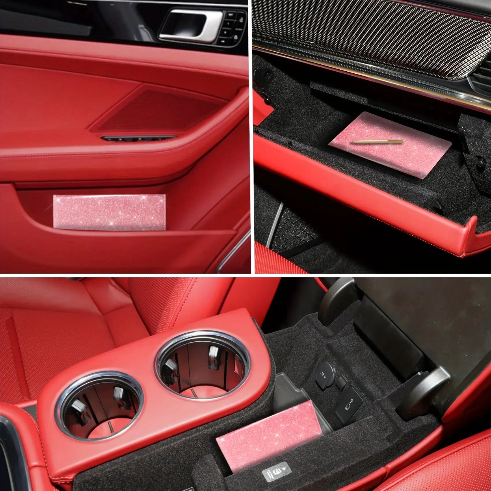 Men's card holder by Simples Market, pink glitter finish, shown in a red car interior