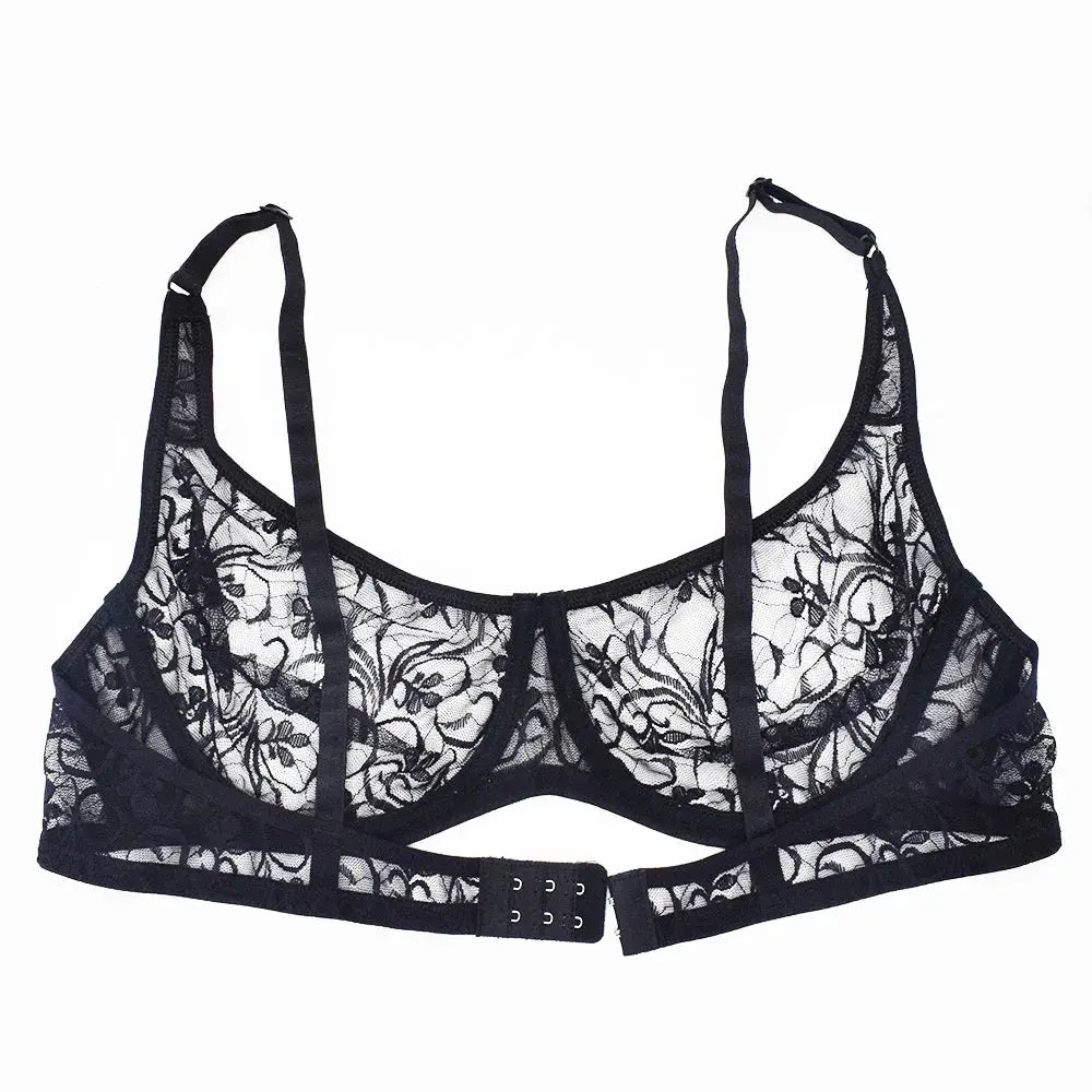 Womens black lace underwire bra with hollow-out floral embroidery, adjustable straps, back hook closure
