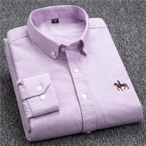 Casual lavender cotton Oxford shirt with horse embroidery, long sleeve, button front