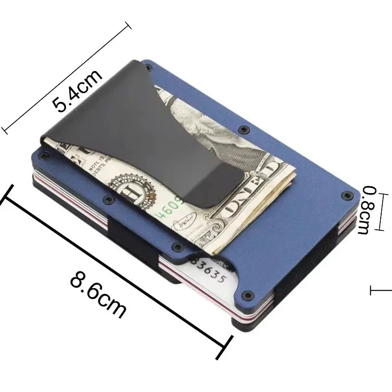 Simples Market minimalist RFID-blocking aluminum wallet with money clip, blue body and black cover.