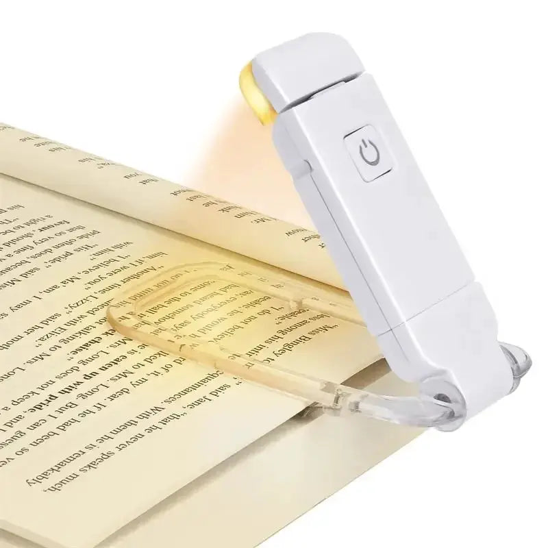 White USB-rechargeable clip-on LED book light for reading with on/off button