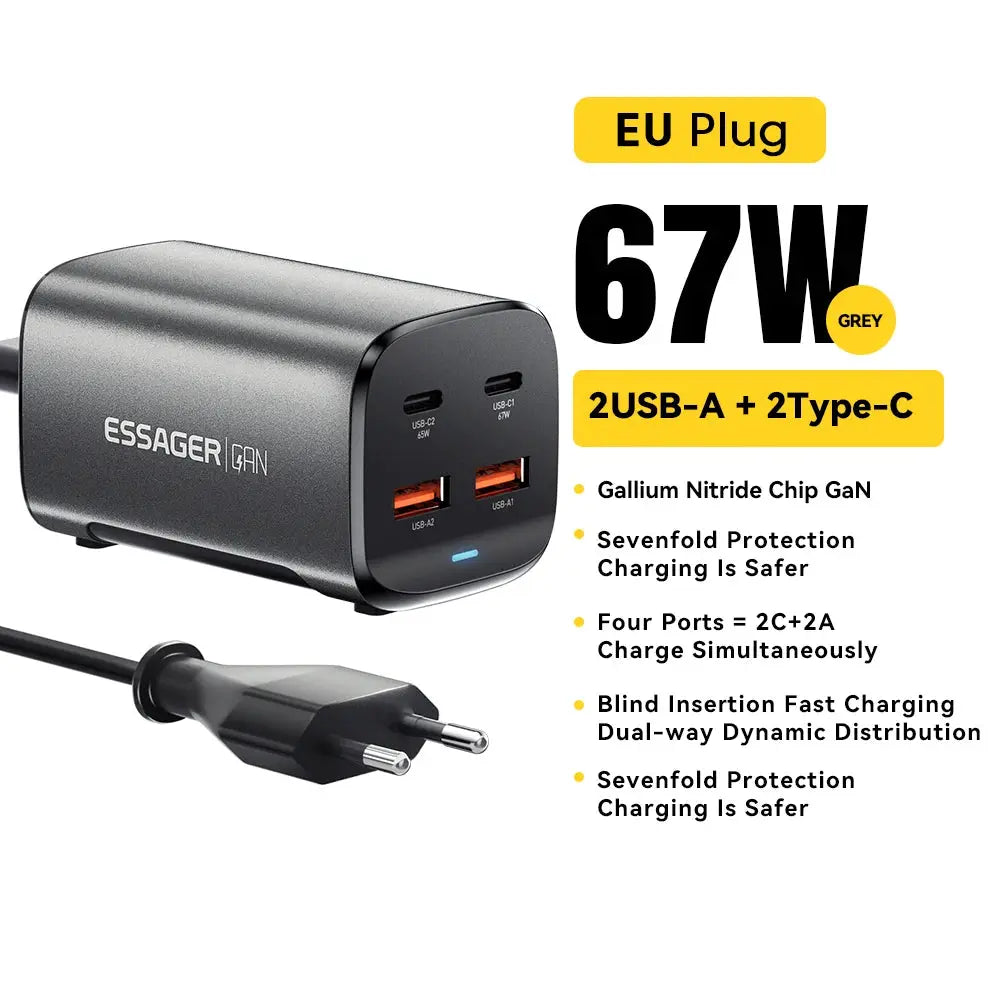 Essager 67W GaN desktop charger with EU plug, grey, 2 USB-A + 2 USB-C ports
