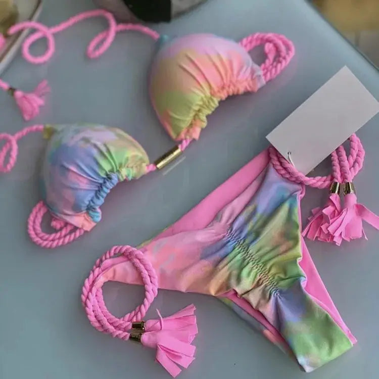 New Women Bikini two-piece set with backless triangle top and rope-sided bottom, multicolor gradient