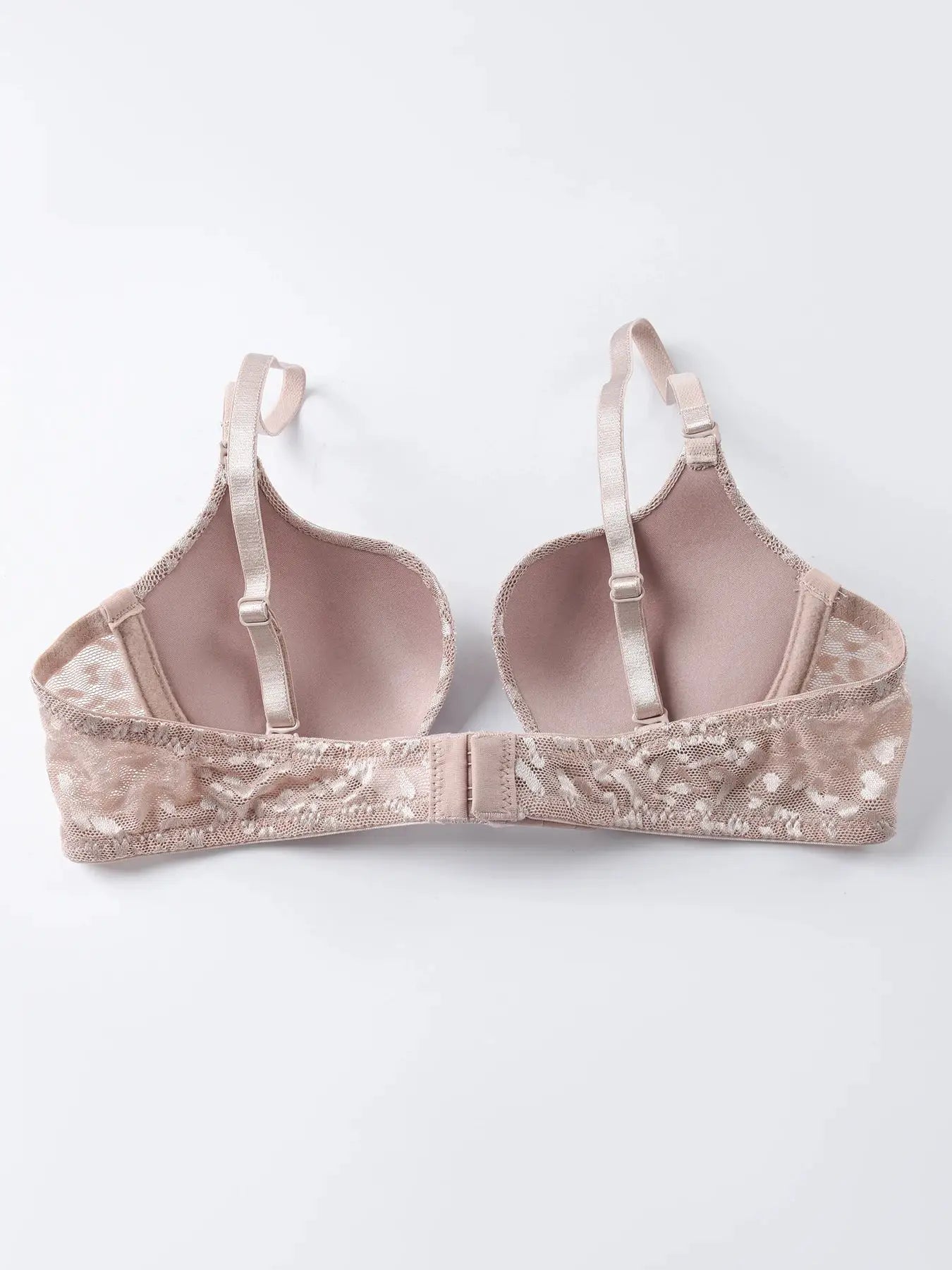 Pink lace underwire push-up bra with padded cups and adjustable straps