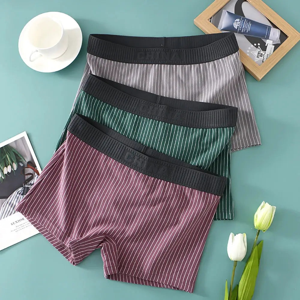 Simples Market 3-pack 100% cotton striped women's boyshorts with mid-rise waist in grey, green and mauve