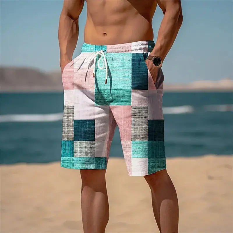 Board shorts by Simples Market; color-block teal pink white, quick-dry drawstring beach trunks for men.