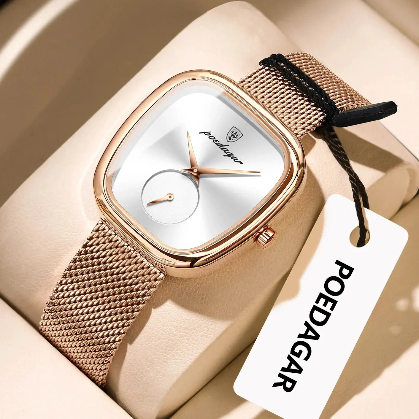POEDAGAR women's luxury watch with rose-gold stainless-steel mesh band and square silver dial