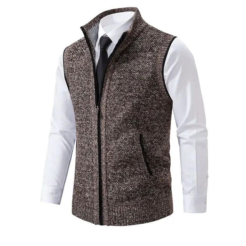 Men's brown marled knit vest with stand collar and zip front