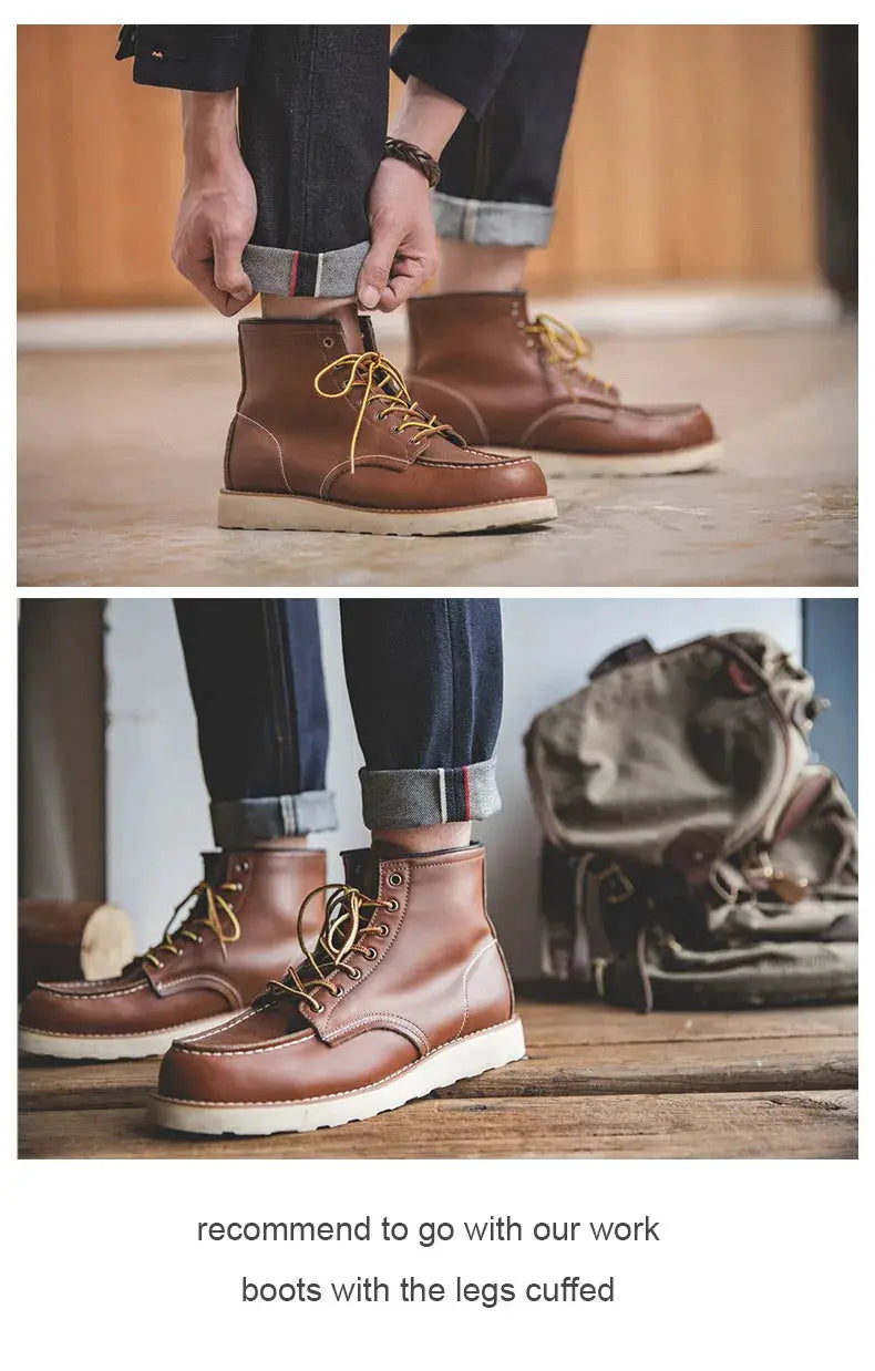 Maden Retro 14.5oz selvedge raw denim jeans for men by Simples Market, cuffed over brown leather boots.