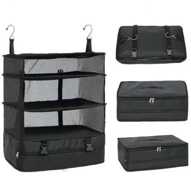 Simples Market 3-in-1 travel clothes storage hanging bag set of 4, black mesh organizer with 3 shelves and zippered cases.