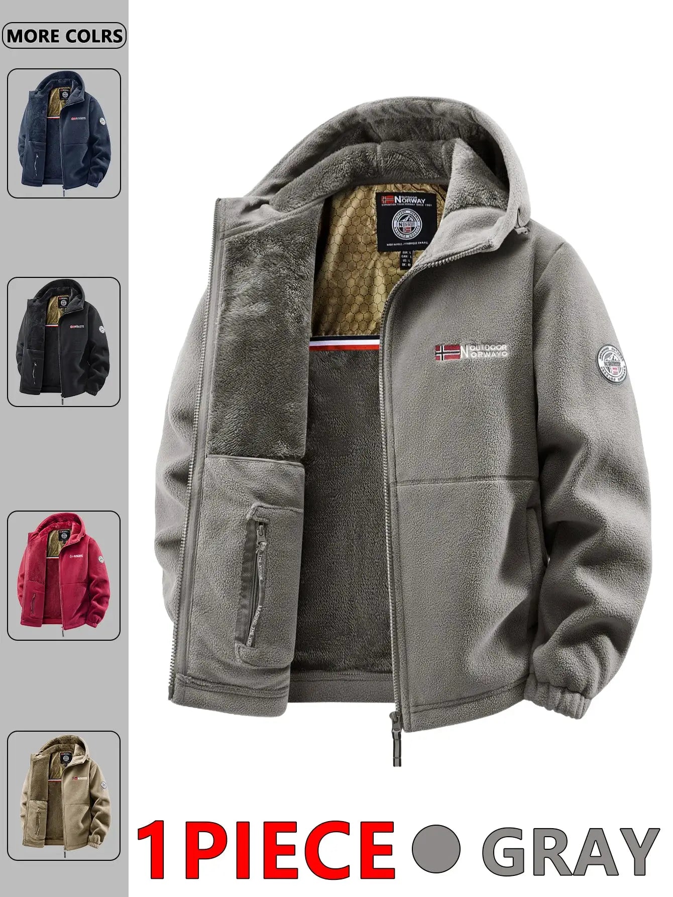 Men's autumn/winter outdoor hooded jacket by Simples Market, gray fleece with chest logo patch and zip pockets