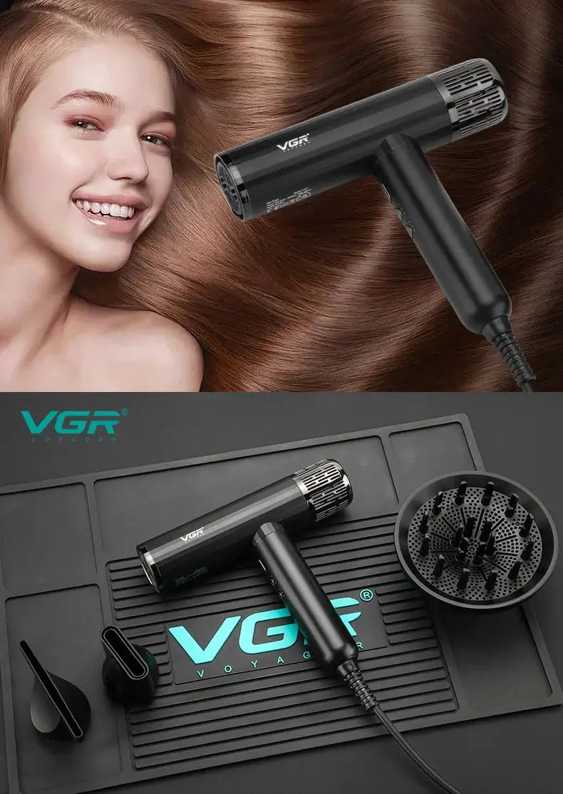 VGR professional hair dryer set; two black brushless-motor dryers with diffuser and attachments