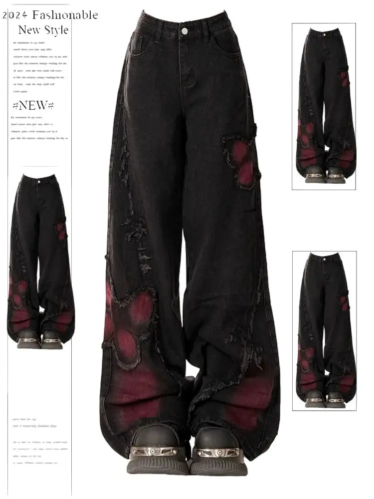 Womens Baggy Butterfly Jeans Vintage 90s Harajuku Denim Trousers