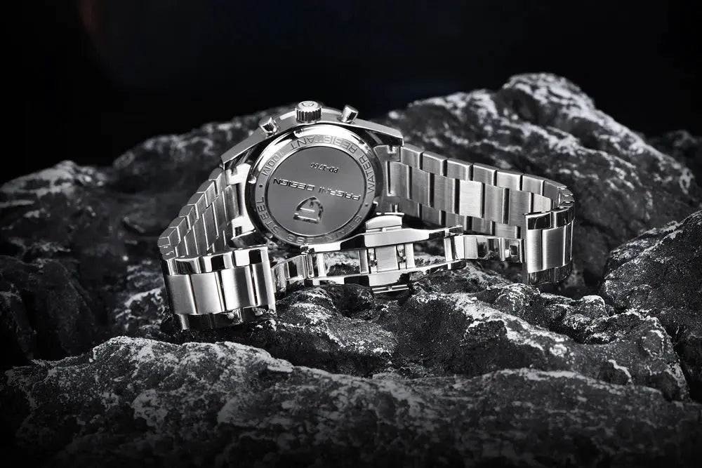 PAGANI DESIGN stainless steel men's watch with link bracelet and chronograph, back view