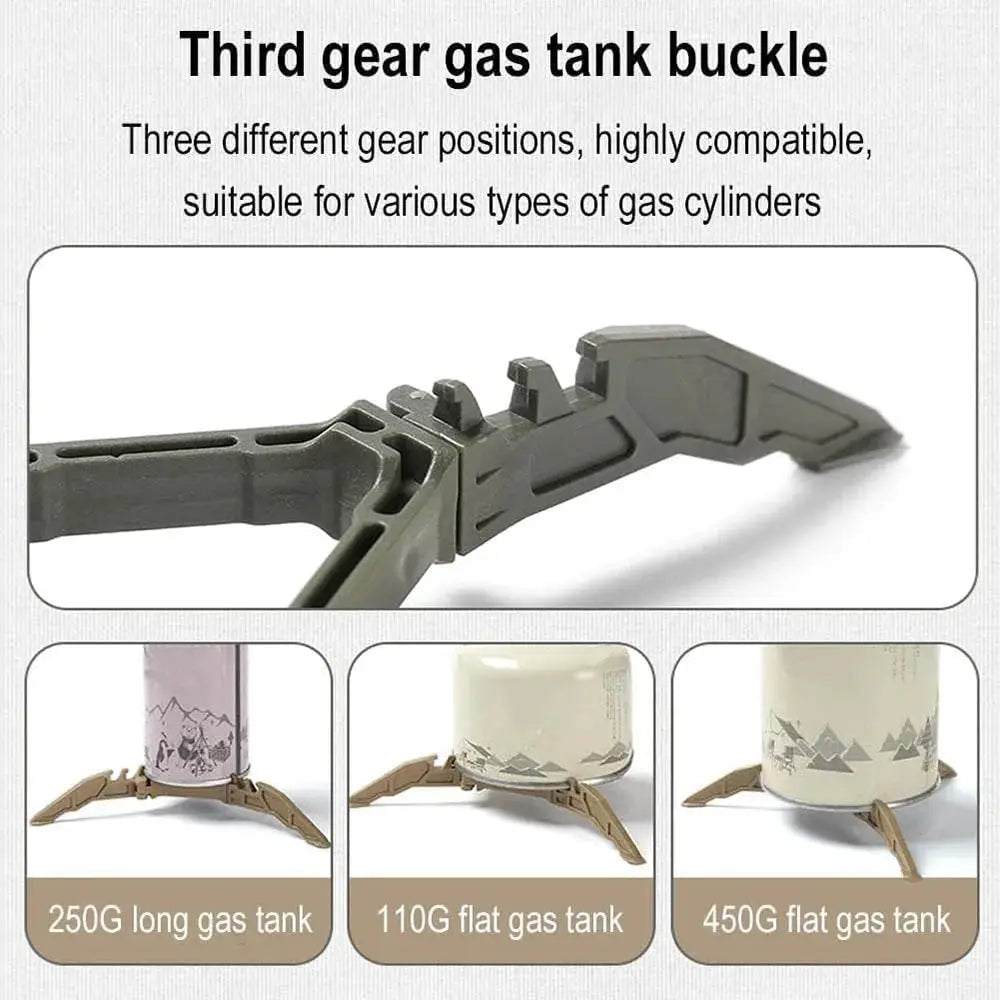 Gas tank tripod stabilizer; foldable olive-gray, for various gas cylinders, shown with three gas tanks.
