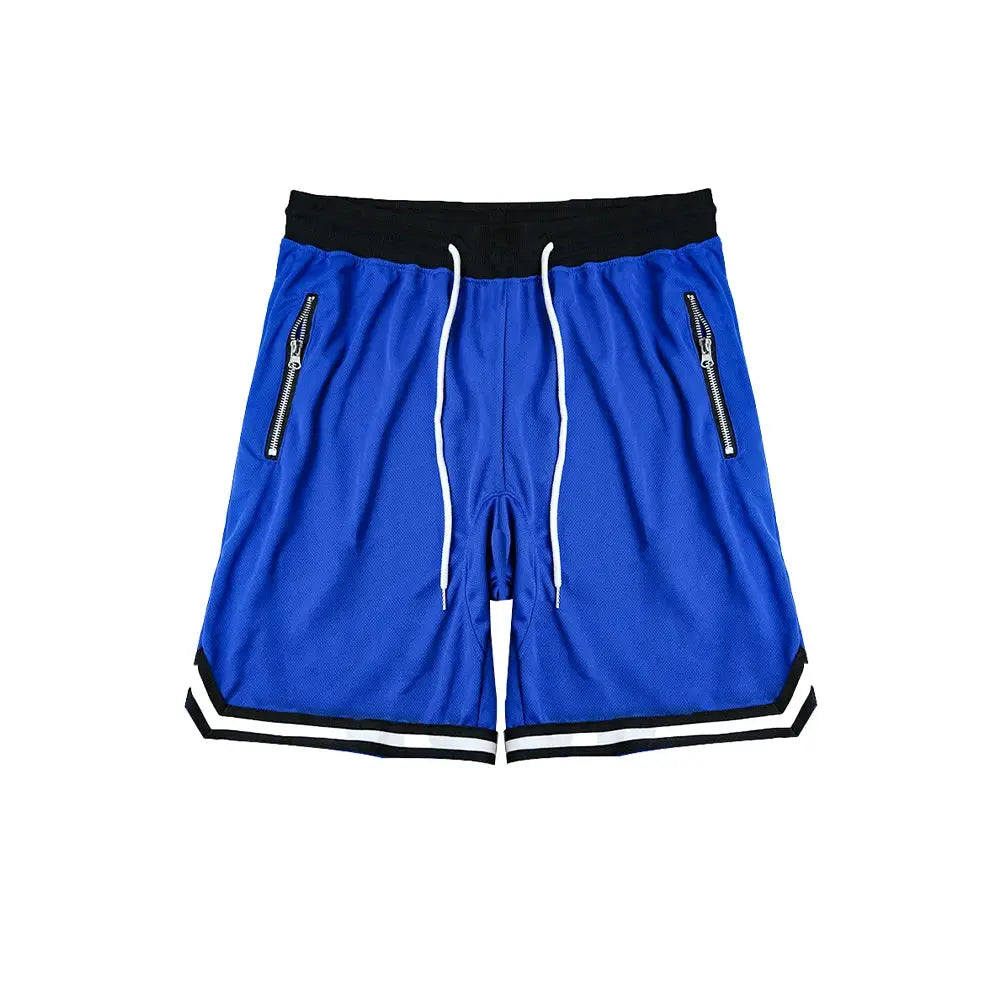 Simples Market men's blue mesh quick-dry basketball shorts with black waistband and zippered pockets