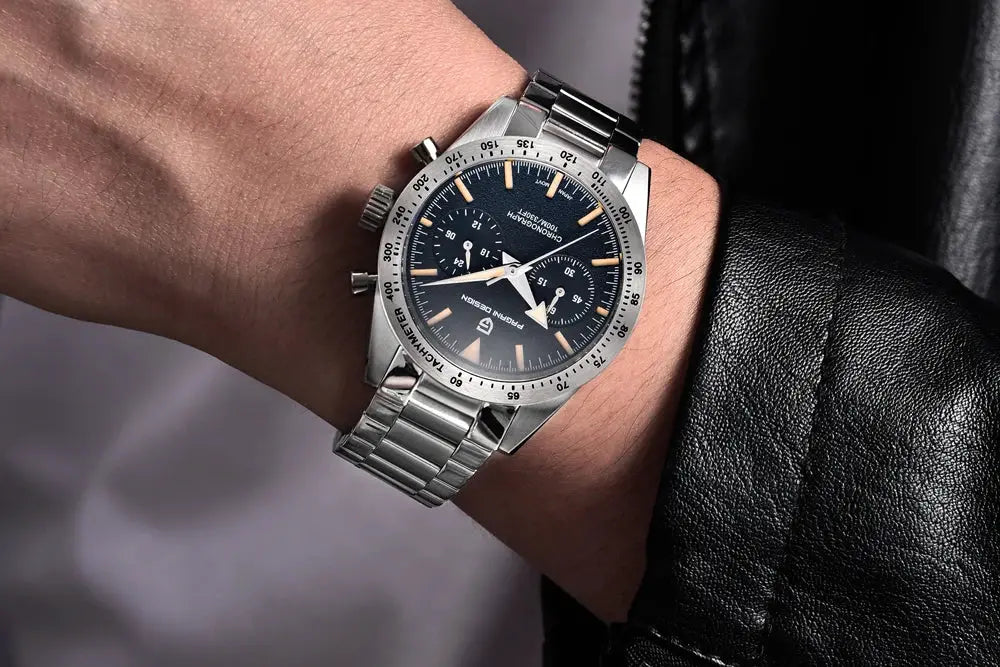 Pagani Design men's stainless steel chronograph watch with blue dial, sapphire crystal, luminous markers