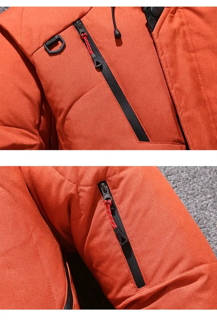 Men's orange duck-down hooded puffer jacket by Simples Market; windproof travel-ready