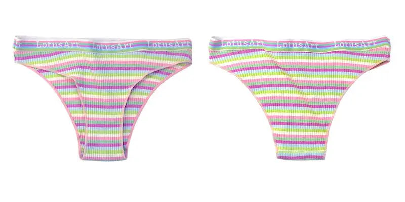Two-pack colorful striped cotton panties for women, low-rise briefs with LotusArt waistband.