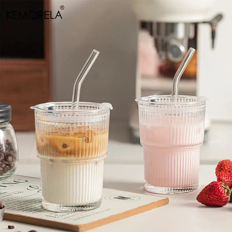 450ml Stripe Glass Cup With Lid And Straw Transparent Drinking Glass For Ice Coffee Tea Juice Milk Water
