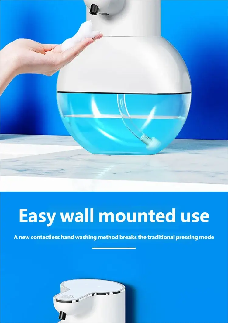 Homefish automatic soap dispenser, white with blue foaming soap, wall-mounted
