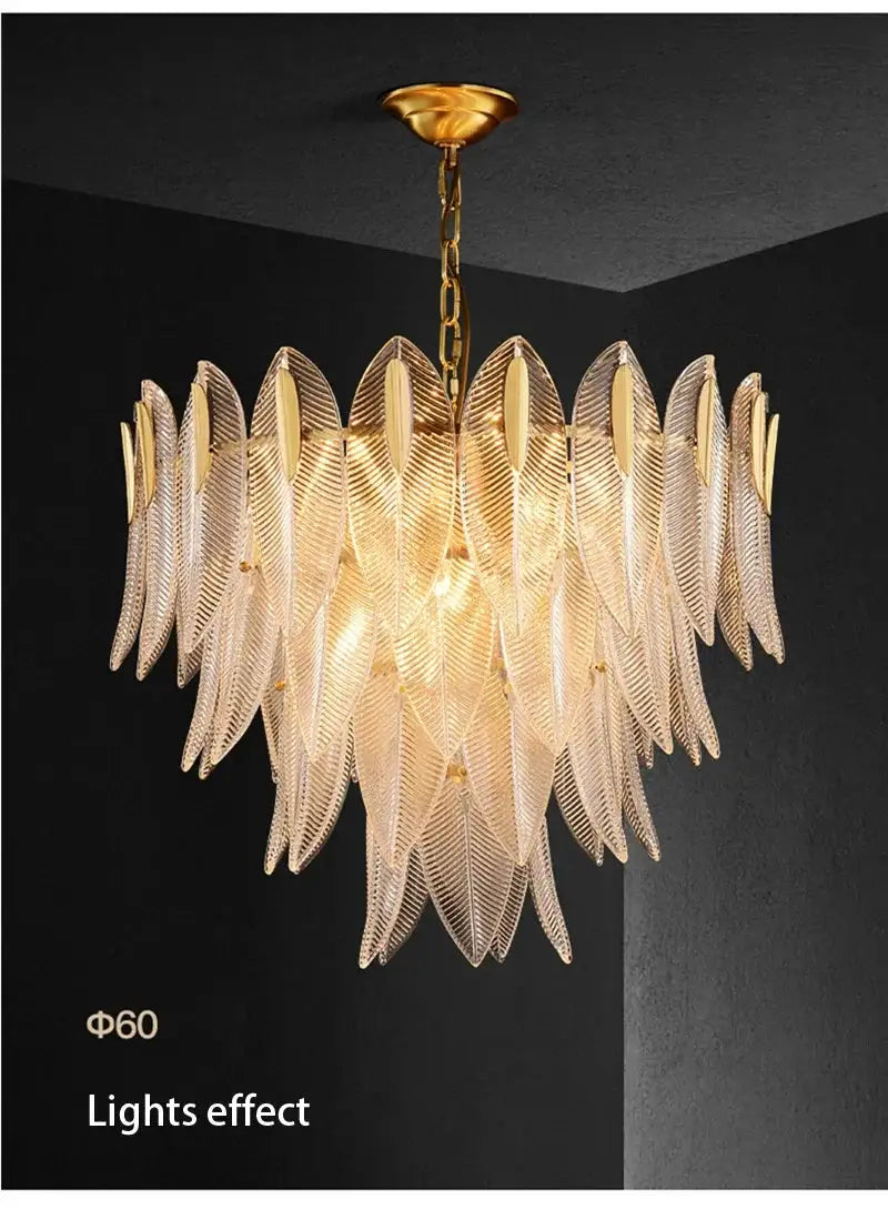 French romantic glass chandelier pendant lamp by Simples Market; gold-toned leaf-shaped glass panels