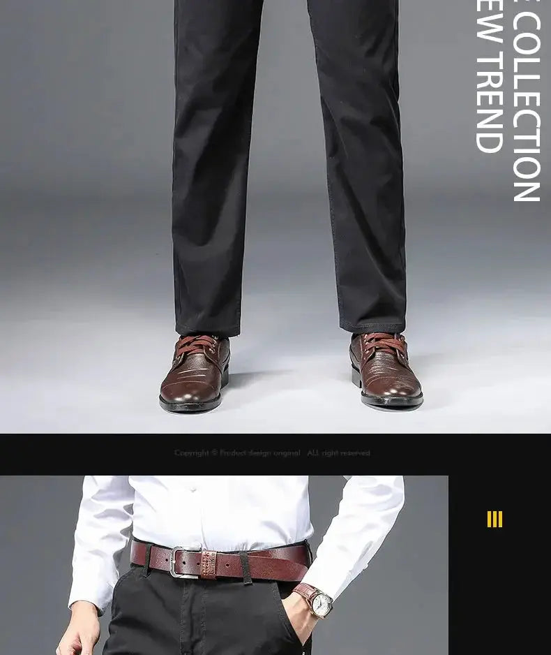 Men's cotton-stretch straight pants by Simples Market; dark color, business casual work trousers (2 looks shown)
