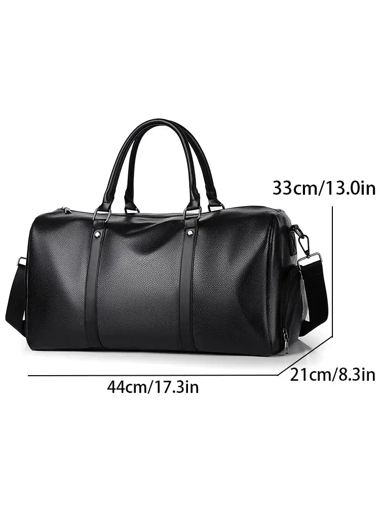 Retro short-trip PU leather duffel bag, black, large capacity with handles and detachable shoulder strap, 44×21×33 cm